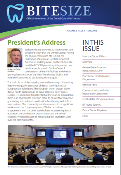 Front page image of Dental Council Newsletter, June 2018.